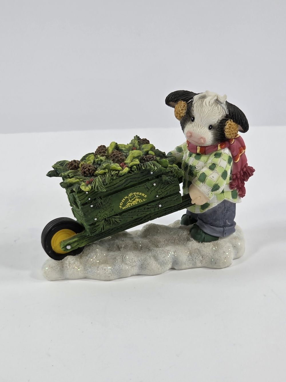 John Deere-Inspired Green Wheelbarrow Holiday Cow Figurine